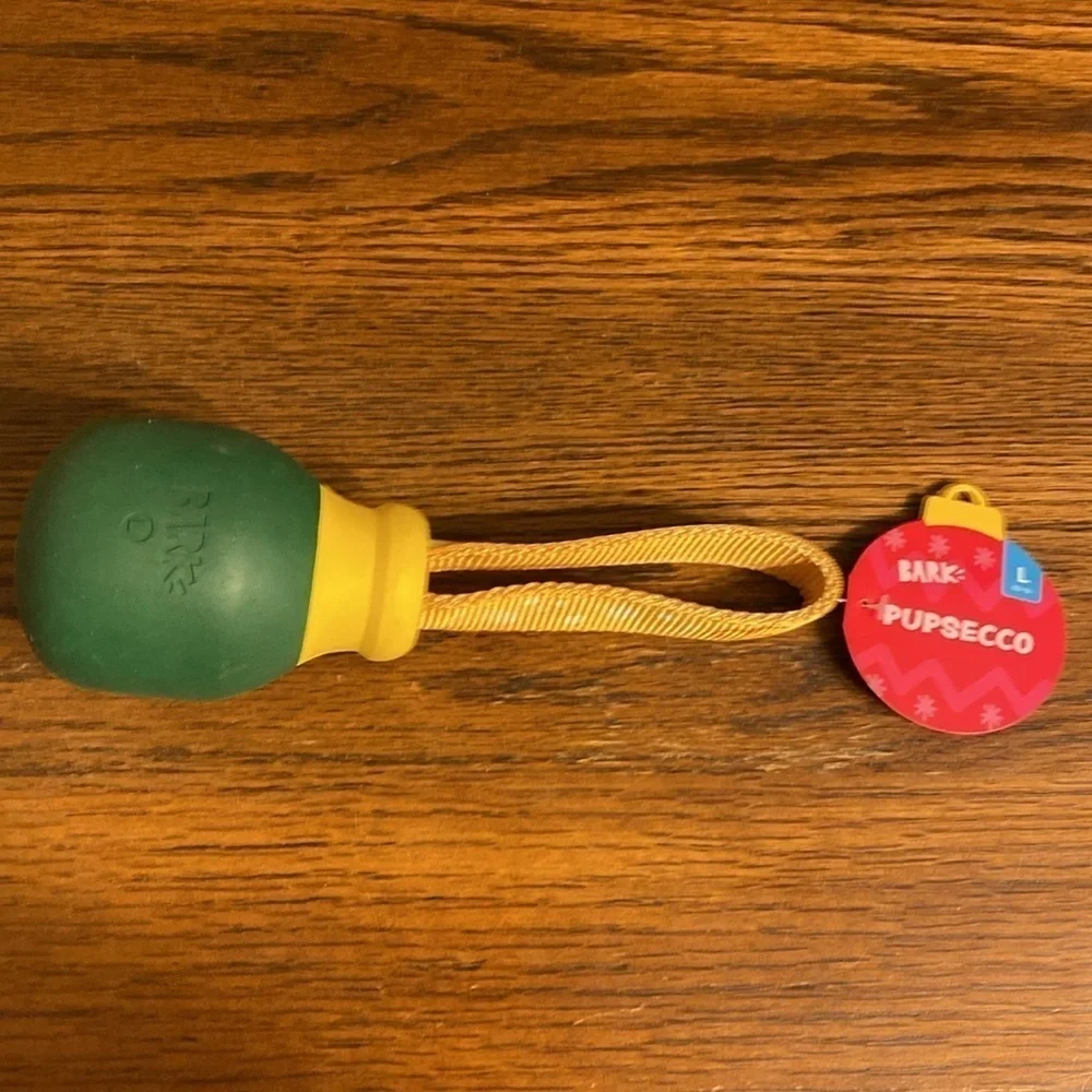 Bark Pupsecco Champagne Bottle Rubber Tug Dog Toy Green Gold Large NWT